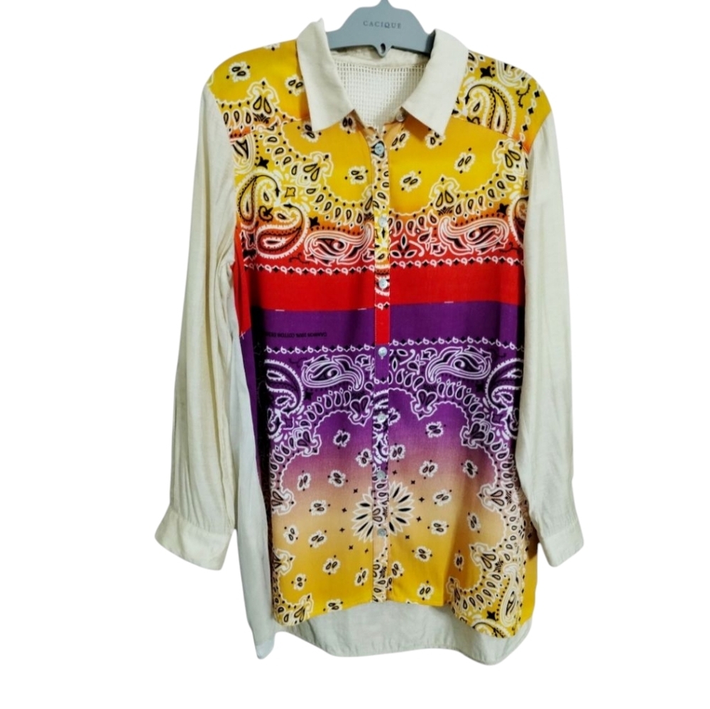 Old Money Quiet Luxury Women's Size M Embroidered Silk Button Bandana Boho Top